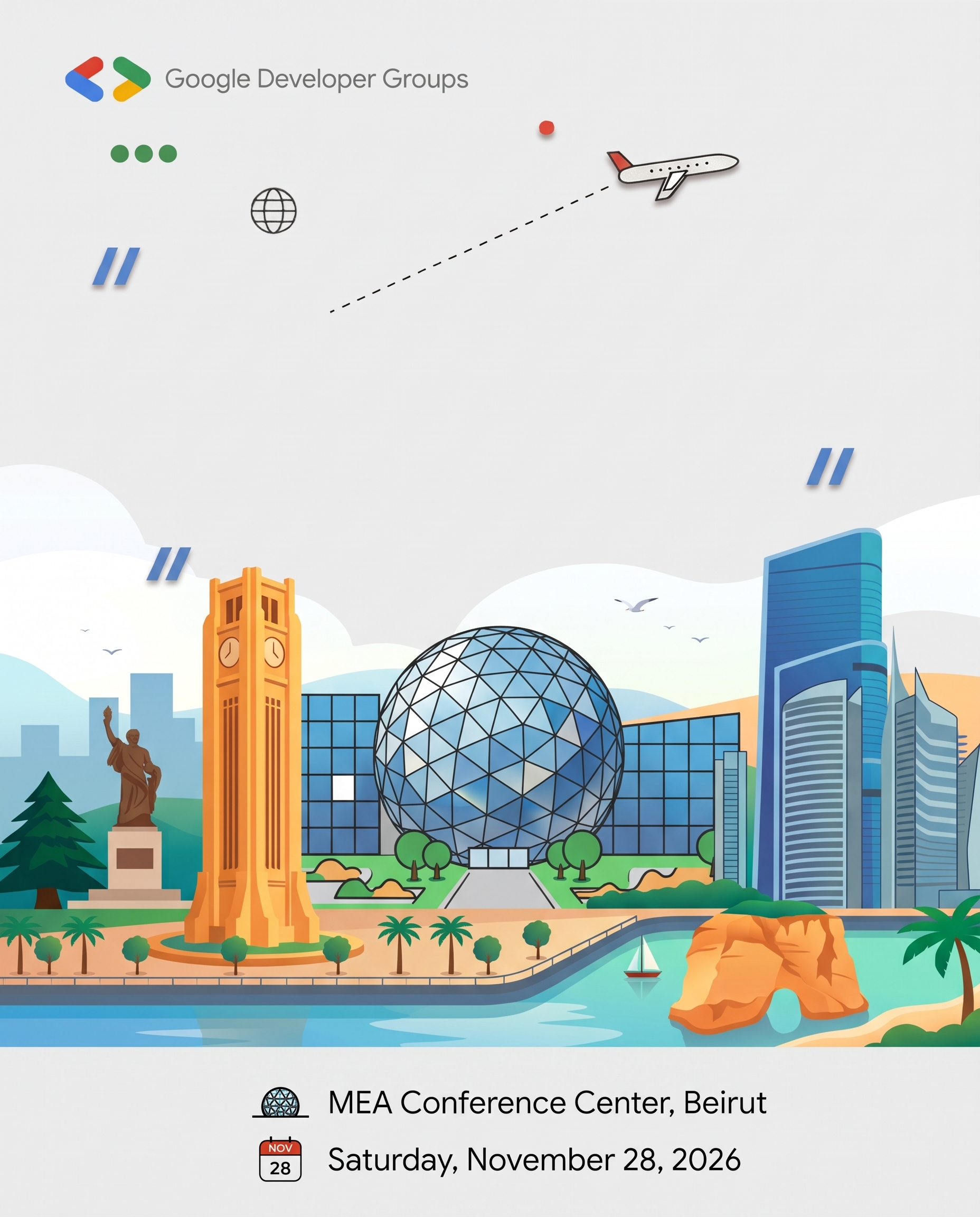 Illustrated Beirut skyline for DevFest 2026, with the MEA Conference Center and November 28 event date